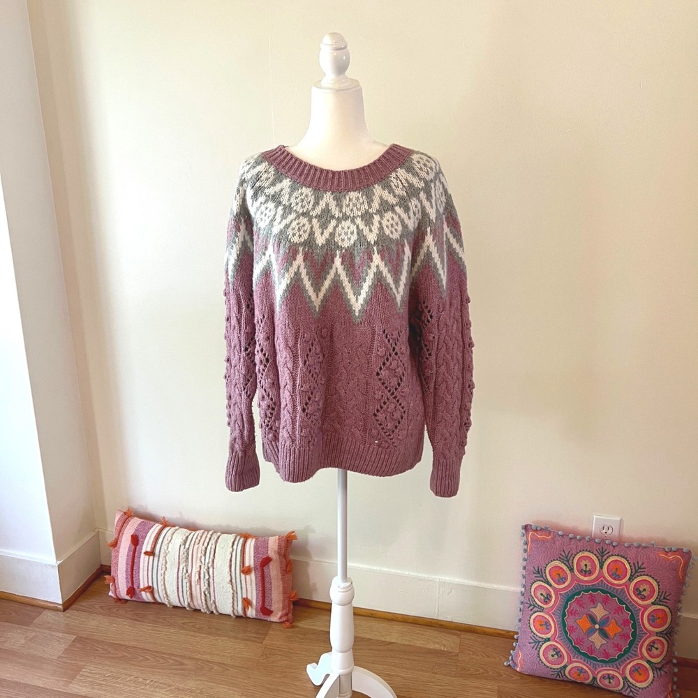 Lucky Brand Fair Isle Sweater Womens XL Pink Cable Knit Boho Grandpa Cozy Twee